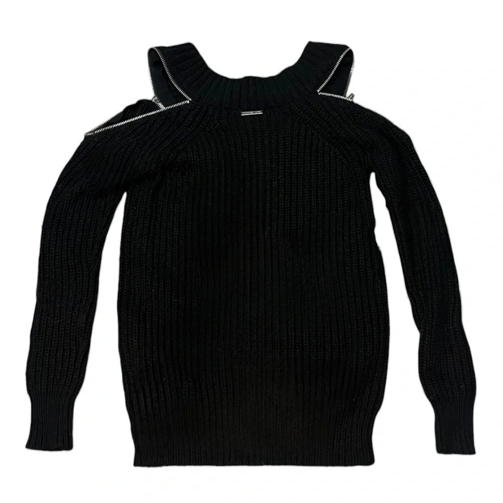 Michael Kors Black Chunky Knit Zip Cold Shoulder Sweater